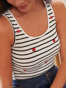 SHEIN Frenchy Striped Heart Embroidery Tank Top - Black and White - View 2