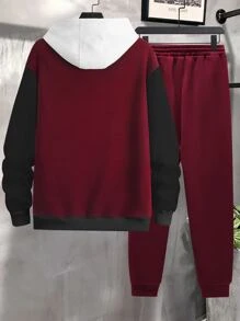 Aesthetic Post Men Letter Graphic Colourblock Drop Shoulder Varsity Jacket & Joggers Without Hoodie - Burgundy - View 2