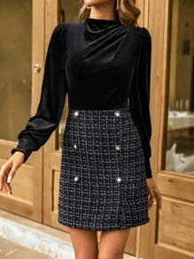 SHEIN LUNE 褶邊泡泡袖小高領假鈕扣粗花呢洋裝 - 黑色 - 查看 6