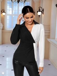 SHEIN Unity Two Tone Twist Front Shirt - Black and White - View 6
