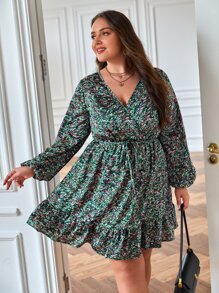 SHEIN Frenchy Plus Allover Print Lantern Sleeve Ruffle Hem Dress - Multicolor - View 1