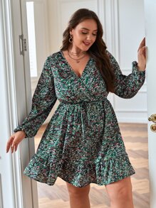 SHEIN Frenchy Plus Allover Print Lantern Sleeve Ruffle Hem Dress - Multicolor - View 4