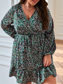 SHEIN Frenchy Plus Allover Print Lantern Sleeve Ruffle Hem Dress - Multicolor - View 5