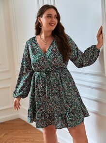 SHEIN Frenchy Plus Allover Print Lantern Sleeve Ruffle Hem Dress - Multicolor - View 6