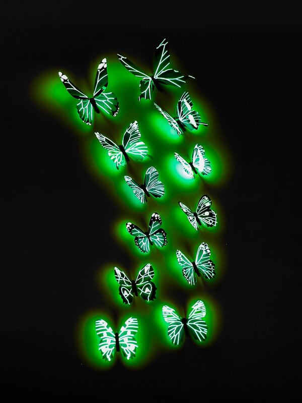 12pcs 3D Glow In The Dark PVC Artificial Butterfly Sticker, Luminous Boho Blue Butterfly Design Wall Sticker, Creative Self Adhesive 3D Butterfly Wall Decor For Home, Shiny Cute Cake Decoration, Party Supplies, Creative Design Butterfly Sticker For Holiday And Party