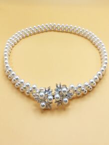 1 chiếc thắt lưng bản mỏng co giãn đính ngọc trai với khóa kim cương, phụ kiện thời trang dành cho nữ, dễ dàng phối cùng trang phục thường ngày ôm sát, tôn lên vẻ thanh lịch cho trang phục hàng ngày. - trắng - Xem 2