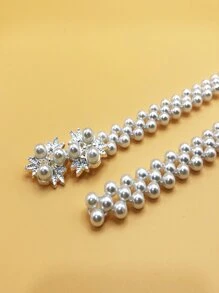 1 chiếc thắt lưng bản mỏng co giãn đính ngọc trai với khóa kim cương, phụ kiện thời trang dành cho nữ, dễ dàng phối cùng trang phục thường ngày ôm sát, tôn lên vẻ thanh lịch cho trang phục hàng ngày. - trắng - Xem 3