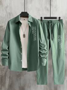 Manfinity Homme Men Slogan Graphic Shirt & Drawstring Waist Trousers Without Tee - Mint Green - View 1