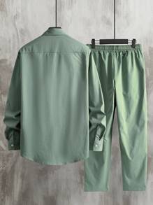 Manfinity Homme Men Slogan Graphic Shirt & Drawstring Waist Trousers Without Tee - Mint Green - View 2