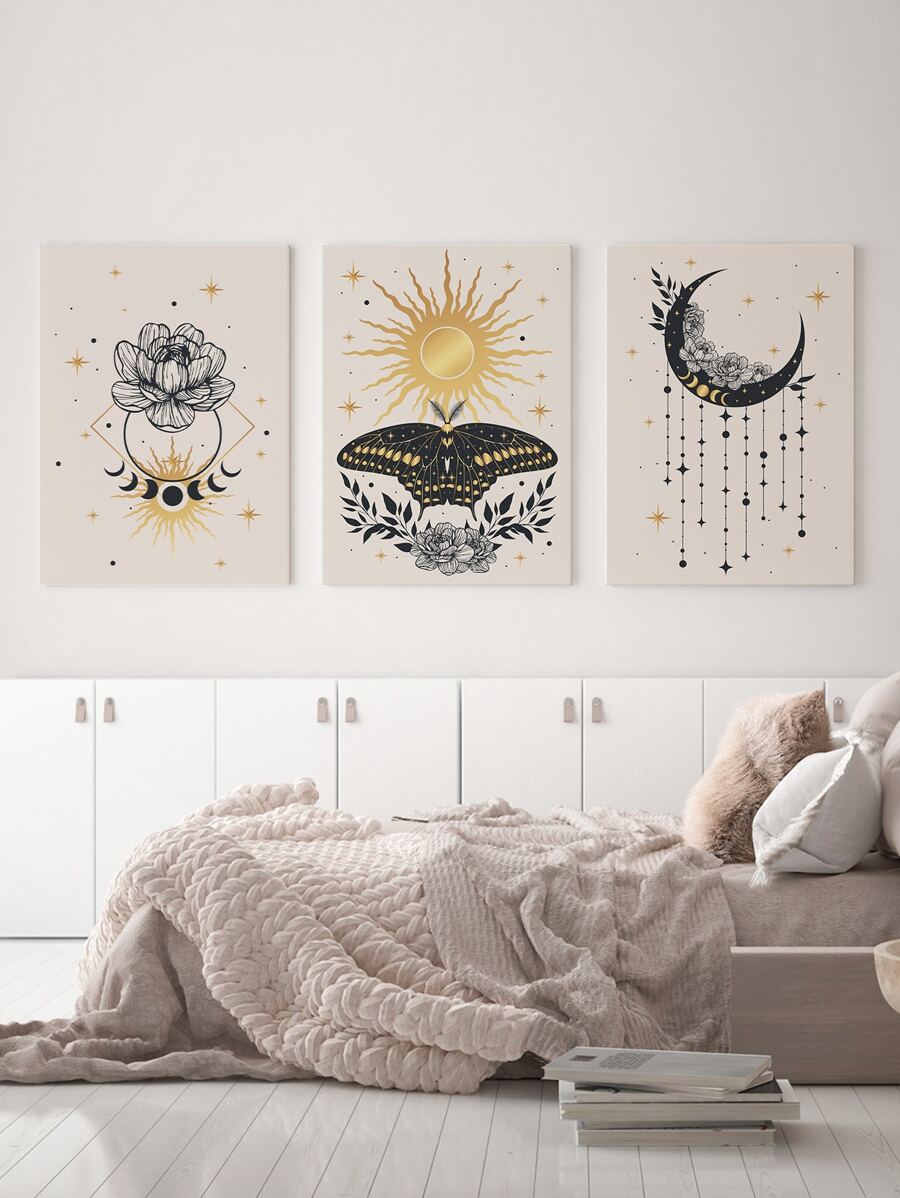 3 pièces Décoration murale peinture sans cadre affiche cadeau à papillon et lune - Multicolore - Voir 1