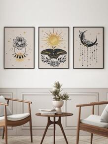 3 pièces Décoration murale peinture sans cadre affiche cadeau à papillon et lune - Multicolore - Voir 7