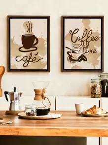2pcs Coffee Cup & Letter Graphic Unframed Painting Rama Decoration Rama,Wall Art,Canvas,Poster - Multicolor - View 1