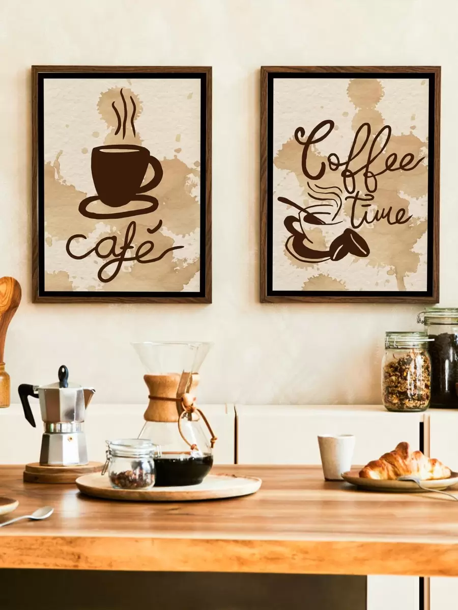 2pcs Coffee Cup & Letter Graphic Unframed Painting Rama Decoration Rama,Wall Art,Canvas,Poster - Multicolor - View 1