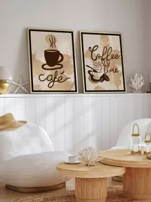 2pcs Coffee Cup & Letter Graphic Unframed Painting Rama Decoration Rama,Wall Art,Canvas,Poster - Multicolor - View 4