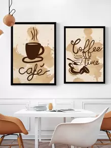 2pcs Coffee Cup & Letter Graphic Unframed Painting Rama Decoration Rama,Wall Art,Canvas,Poster - Multicolor - View 5