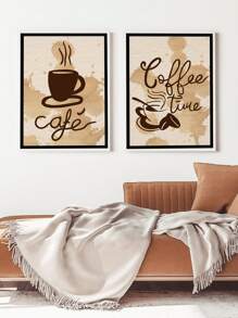 2pcs Coffee Cup & Letter Graphic Unframed Painting Rama Decoration Rama,Wall Art,Canvas,Poster - Multicolor - View 7