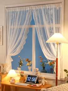 Floral Embroidered Scallop Trim Single Panel Sheer Curtain - White - View 4