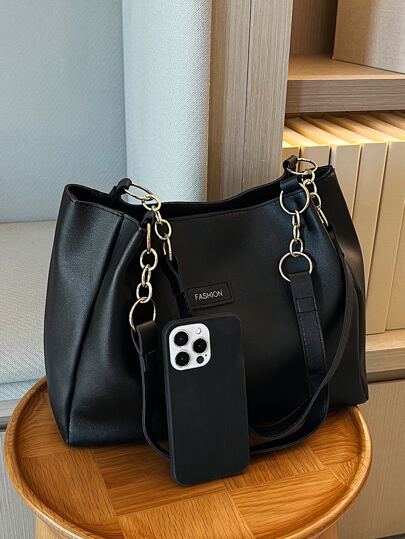 Sac fourre-tout grande capacité avec décoration de chaîne et patch de lettre, mode affaires décontractée, sac à bandoulière avec lettre, sac de navette pour adolescentes, femmes, étudiantes, employés de bureau, parfait pour le bureau, le collège, le travail, les déplacements, les sorties, les voyages, convient aux adolescentes et aux femmes étudiantes