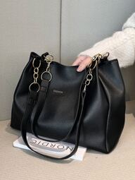 Bolso de mano grande con decoración de cadena y parche de letra, bolso de hombro con letra, bolso de transporte para adolescentes, mujeres, estudiantes universitarios, recién llegados y trabajadores de cuello blanco, perfecto para oficina, universidad, trabajo, negocios, transporte, exterior, viajes, actividades, vuelta al colegio, gran capacidad, adecuado para adolescentes, mujeres, estudiantes universitarios