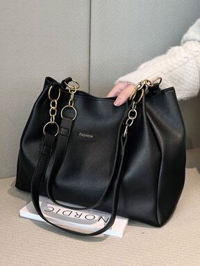 Bolso de mano grande con decoración de cadena y parche de letra, bolso de hombro con letra, bolso de transporte para adolescentes, mujeres, estudiantes universitarios, recién llegados y trabajadores de cuello blanco, perfecto para oficina, universidad, trabajo, negocios, transporte, exterior, viajes, actividades, vuelta al colegio, gran capacidad, adecuado para adolescentes, mujeres, estudiantes universitarios