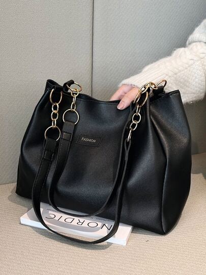 Bolso de mano grande con decoración de cadena y parche de letra, bolso de hombro con letra, bolso de transporte para adolescentes, mujeres, estudiantes universitarios, recién llegados y trabajadores de cuello blanco, perfecto para oficina, universidad, trabajo, negocios, transporte, exterior, viajes, actividades, vuelta al colegio, gran capacidad, adecuado para adolescentes, mujeres, estudiantes universitarios