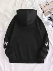 SHEIN EZwear Butterfly & Letter Graphic Kangaroo Pocket Drawstring Thermal Hoodie - Black - View 2
