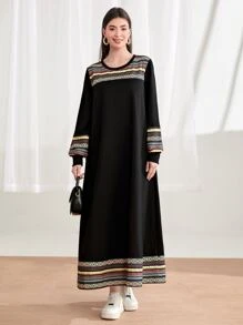 Mulvari 條紋印花燈籠袖衛衣連衣裙 - 黑色 - 查看 1