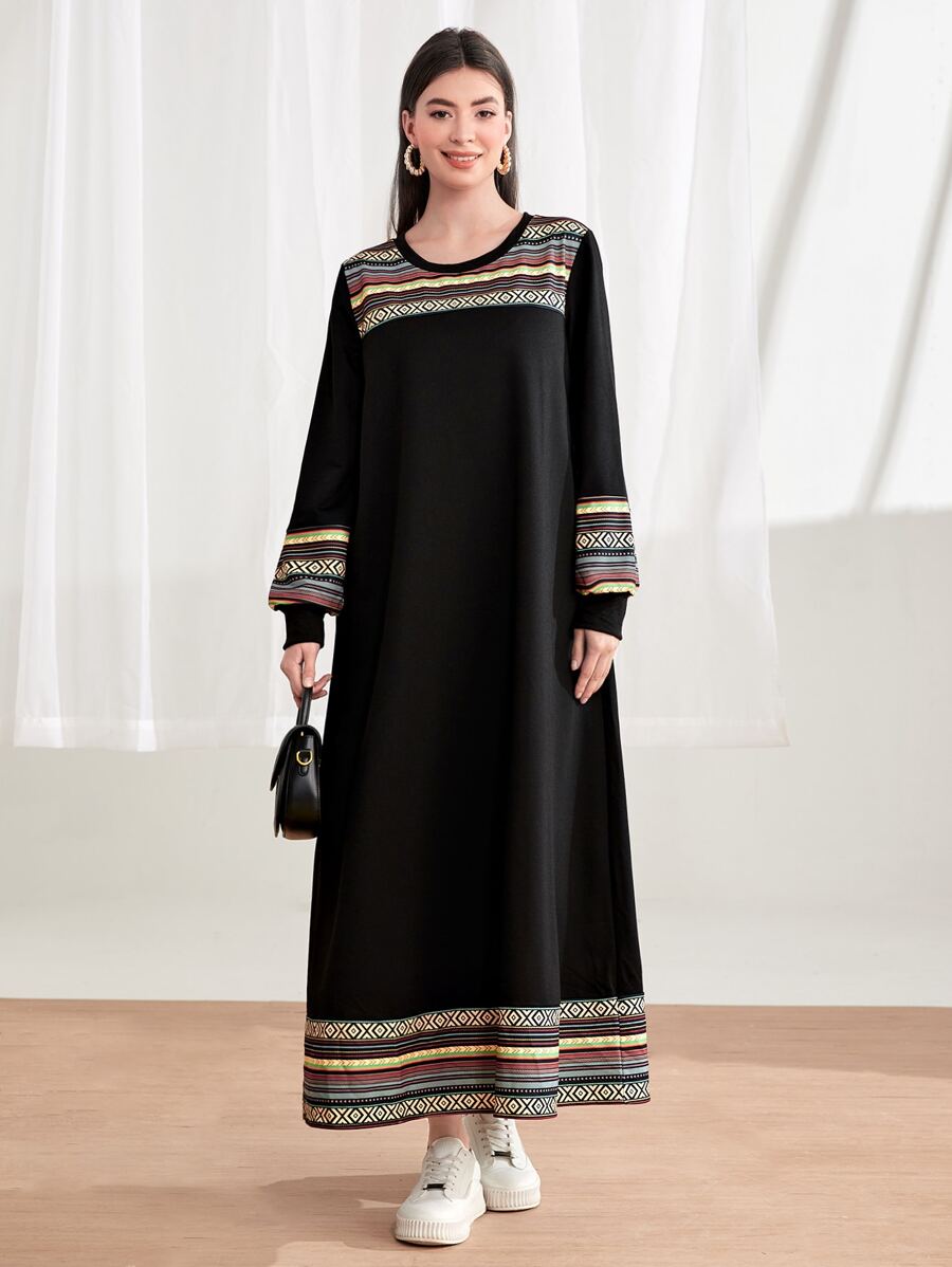 Mulvari 條紋印花燈籠袖衛衣連衣裙 - 黑色 - 查看 1