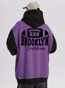 Aesthetic Post 男士撞色字母圖案加絨內裏抽繩連帽衫 - 紫色 - 查看 1