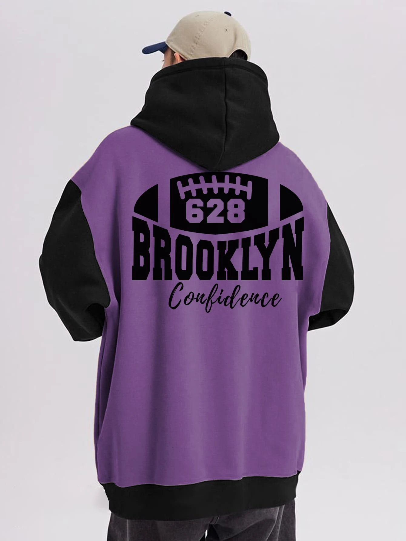 Aesthetic Post 男士撞色字母圖案加絨內裏抽繩連帽衫 - 紫色 - 查看 1