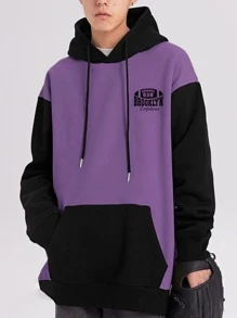 Aesthetic Post 男士撞色字母圖案加絨內裏抽繩連帽衫 - 紫色 - 查看 2