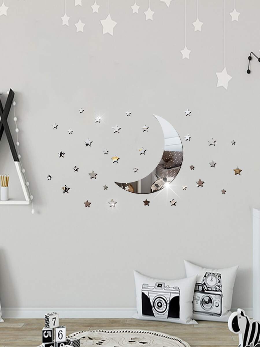 Moon & Star Mirror Sticker - Silver - View 1