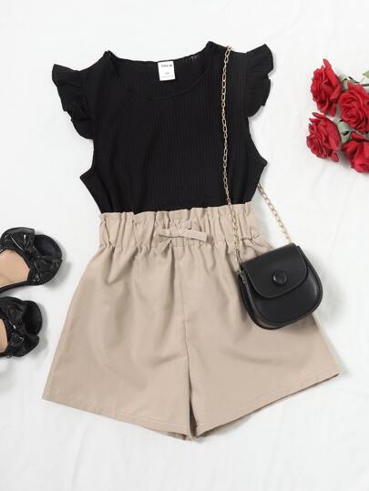 SHEIN Young Girl Ruffle Sleeve Tee & Paperbag Waist Shorts
