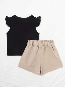 SHEIN Young Girl Ruffle Sleeve Tee & Paperbag Waist Shorts - Multicolor - View 2