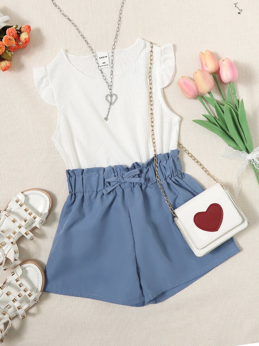 SHEIN Young Girl Ruffle Sleeve Tee & Paperbag Waist Shorts - Blue and White - View 1