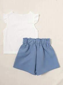SHEIN Young Girl Ruffle Sleeve Tee & Paperbag Waist Shorts - Blue and White - View 2