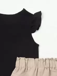 SHEIN Young Girl Ruffle Sleeve Tee & Paperbag Waist Shorts - Multicolor - View 4