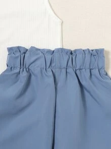 SHEIN Young Girl Ruffle Sleeve Tee & Paperbag Waist Shorts - Blue and White - View 3