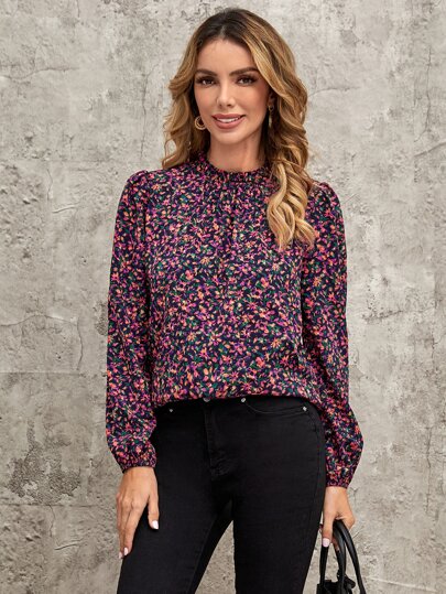 EMERY ROSE Women's Vacation All Over Print Collared Bubble Long Sleeve Casual Loose Blouse,Long Sleeve Tops