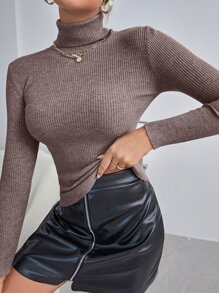 Cévolie Solid High Neck Rib Knit Sweater,Long Sleeve Tops Knit Pullover Fall Winter Outfit - Mocha Brown - View 4