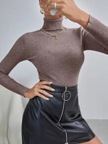 Cévolie Solid High Neck Rib Knit Sweater,Long Sleeve Tops Knit Pullover Fall Winter Outfit - Mocha Brown - View 5