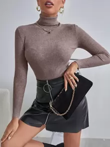 Cévolie Solid High Neck Rib Knit Sweater,Long Sleeve Tops Knit Pullover Fall Winter Outfit - Mocha Brown - View 6