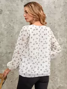 EMERY ROSE Keyhole Neck Ditsy Floral Print Puff Sleeve Blouse