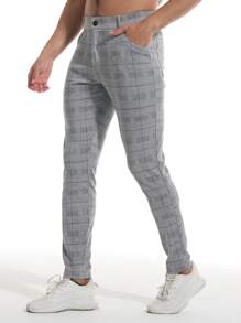 男士格紋印花斜口袋長褲 - 彩色 - 查看 3