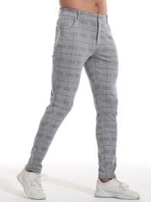 男士格紋印花斜口袋長褲 - 彩色 - 查看 4