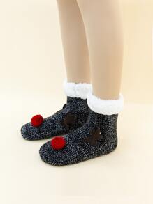 聖誕小絨球&鹿角裝飾毛絨襯裡中筒襪