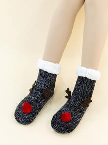聖誕小絨球&鹿角裝飾毛絨襯裡中筒襪