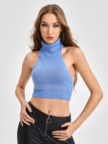 Cayetano Top tejido crop cuello alto de espalda abierta - Azul - Ver 1