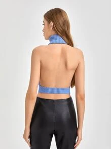 Cayetano Top tejido crop cuello alto de espalda abierta - Azul - Ver 2