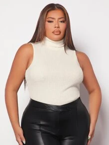 SHEIN SXY Plus Turtleneck Rib Knit Tank Top - Beige - View 1